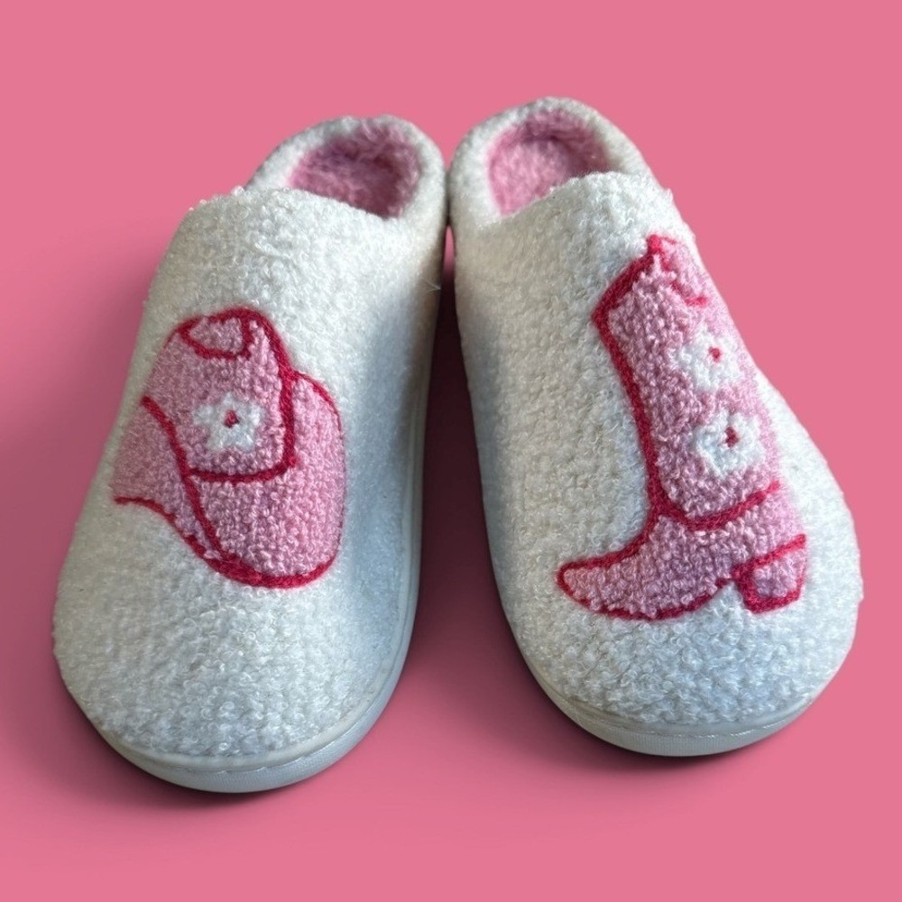 Western Pink Cowboy Boot Hat Sherpa Slippers White Faux Fur Lined Large 9-10